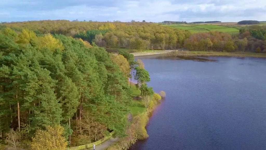 Part of a scenic reservoir surrounded by trees