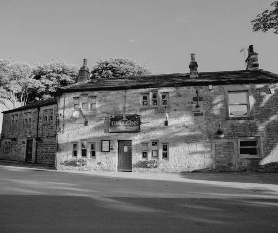 The Timble Inn frontage with a black and white filter to make it look old